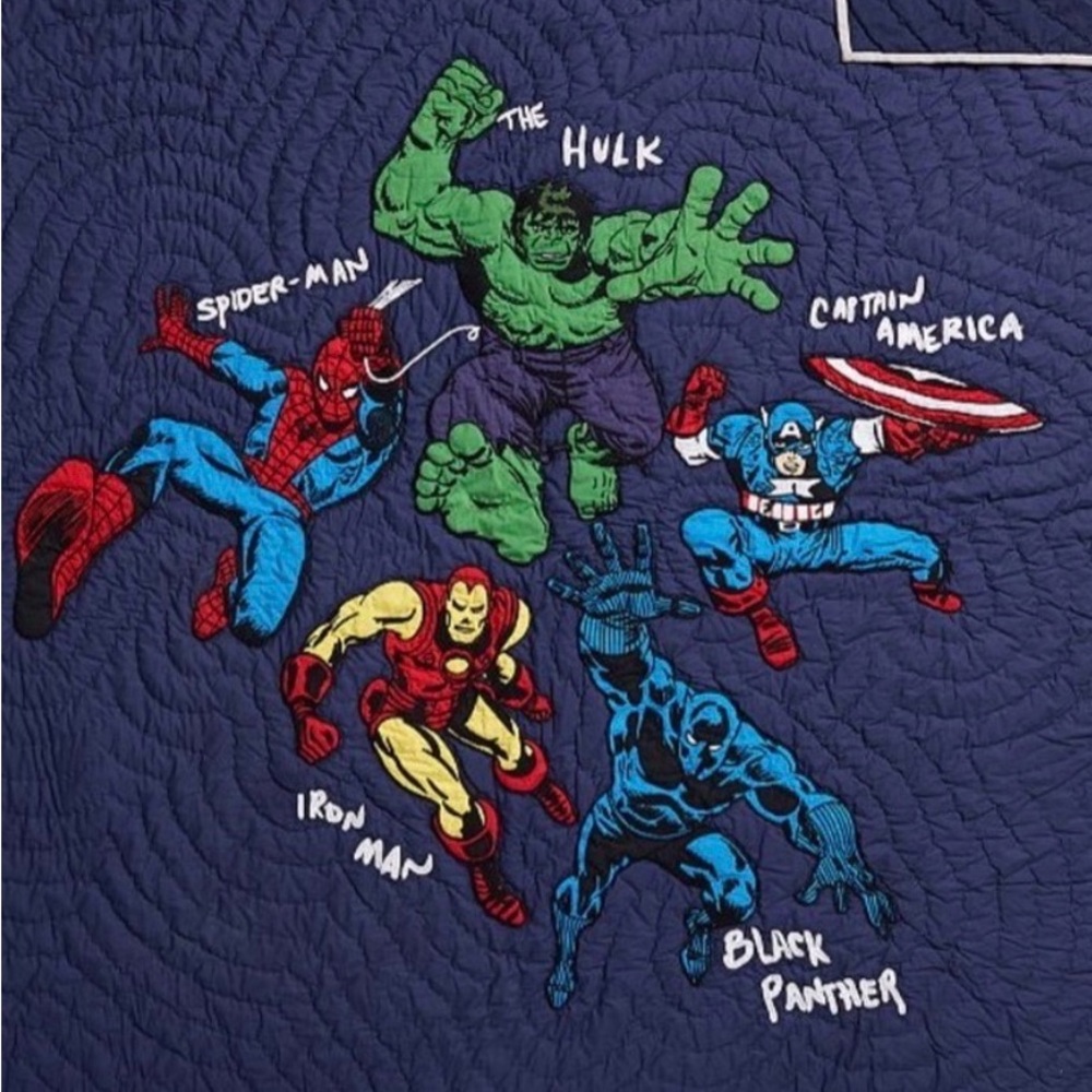 Pottery Barn Kids Marvel Superhero Quilt Navy with Red, Blue, Green, Yellow